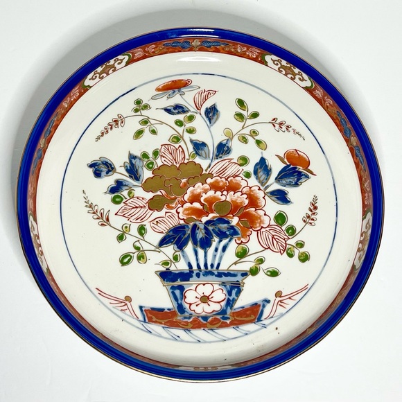 Imari Ware Porcelain Shallow Bowl Hand Painted Gold Gilded Flowers Japan w/stand - Picture 5 of 8